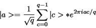 \begin{displaymath}\vert a> = \frac{1}{\sqrt{q}}\sum_{c=0}^{q-1}\vert c>*e^{2\pi iac/q}\end{displaymath}
