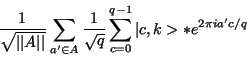 \begin{displaymath}\frac{1}{\sqrt{\vert\vert A\vert\vert}}\sum_{a'\in A}\frac{1}{\sqrt{q}}\sum_{c=0}^{q-1} \vert c,k>*e^{2\pi ia'c/q}\end{displaymath}